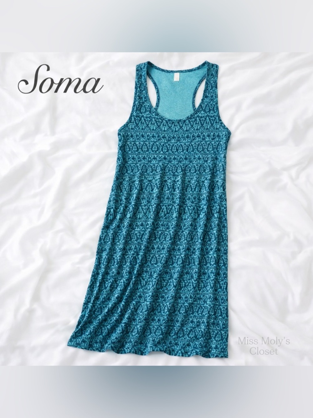 Soma Cool Nights Nightgown M Teal Blue Soft Sleeveless Lounge Dress